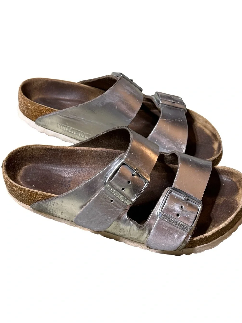 Birkenstock Arizona Silver Metallic Leather Double Strap Sandals Women 37